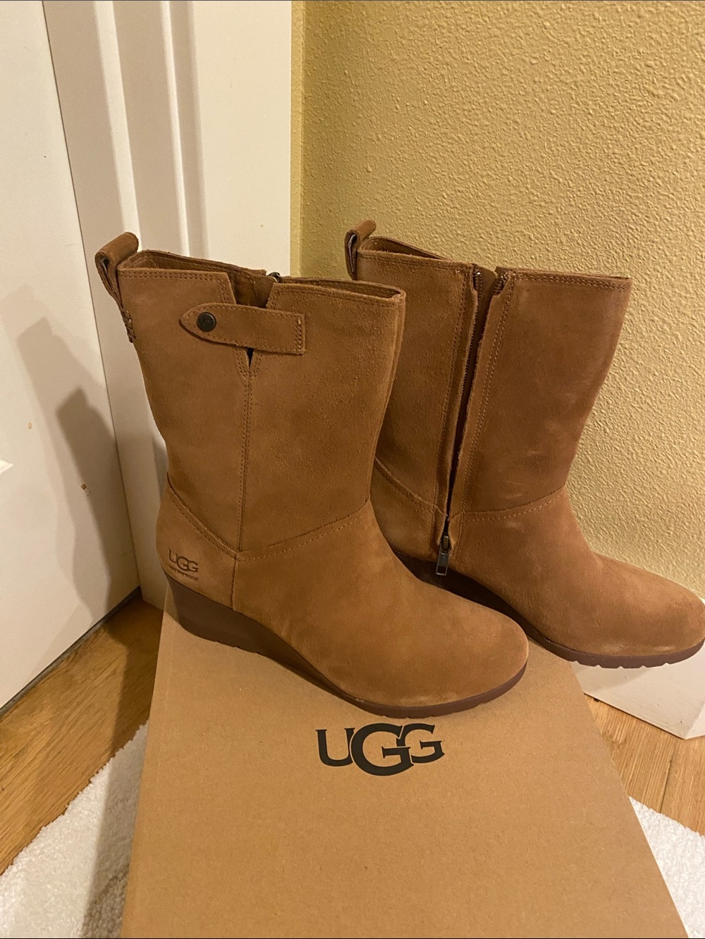 UGG Chestnut Suede Mid-Calf Wedge Boots